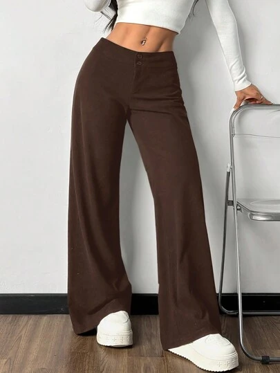 SHEIN EZwear Brown Knitted Women's Solid Color Button Design Straight Loose Fit Pants