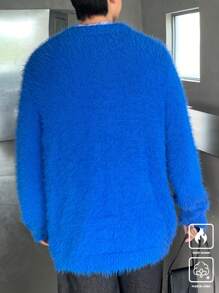 Manfinity CasualKnits Men's Fashion Solid Color Plain V-Neck Long Sleeve Casual Blue Pullover Sweater, Autumn/Winter, For Going Out, Friends