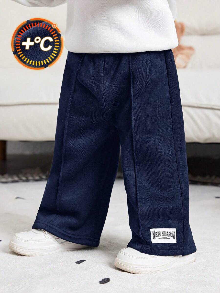 SHEIN 男婴宽松字母刺绣保暖内衬运动裤，休闲直筒裤，适合通勤、上学、旅行和运动，秋冬季 - 藏蓝色 - 查看 1