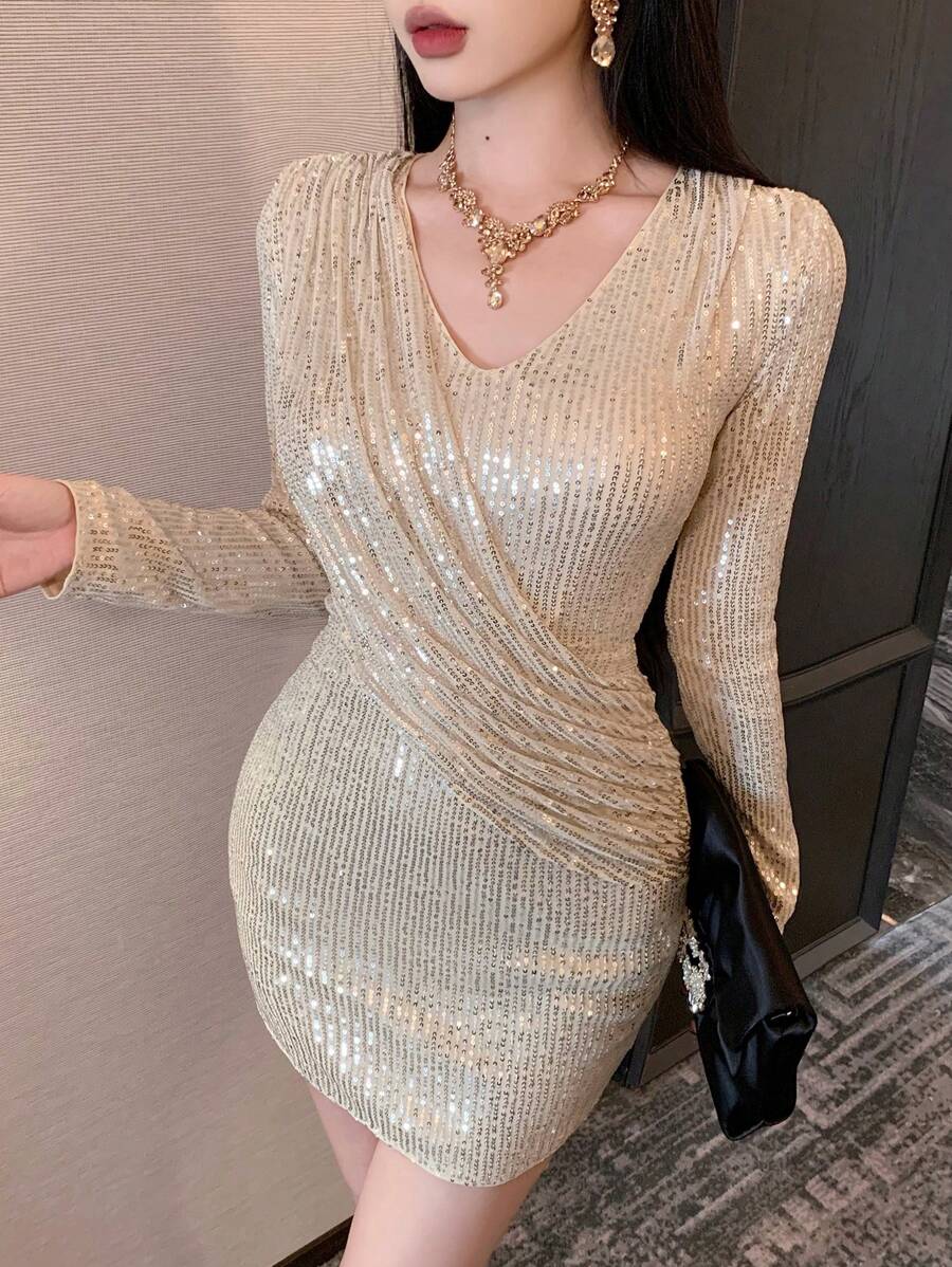 DAZY Women's Ruffle Glamorous V-Neck Sequin Party Short Dress With Long Sleeves Prom Dress Party Women,Mini Dress