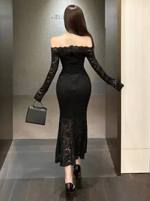 DAZY 长款蕾丝拼接女士正式礼服，优雅荷叶边秋季连衣裙，长袖露肩情人节长裙 - 黑色 - 查看 5