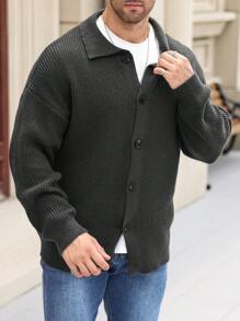 Manfinity Homme Chaqueta de punto informal monocromática de manga larga con hombros caídos y un solo abotonado, talla grande para hombre, otoño/invierno