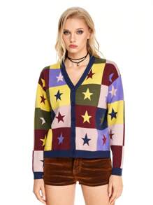 ROMWE Grunge Punk 女士复古格纹拼布星星提花针织开衫