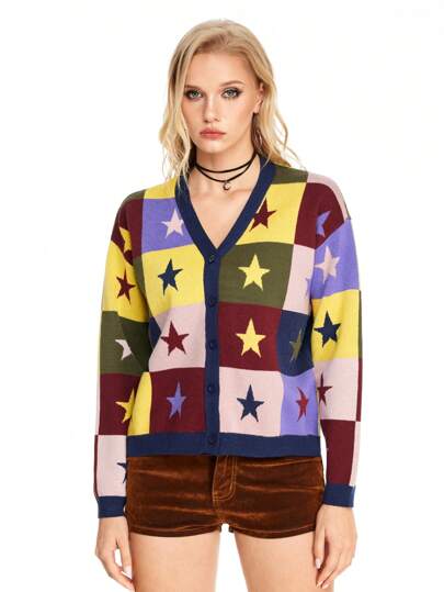 Grunge Punk الكارديجان الشتوي المرقع النسائي بنمط الجرد والنجوم المطرز من الكشمير