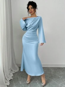 Rafferiza 修身优雅露肩荷叶边鱼尾下摆长裙，女式秋冬长款女装 - 淺藍色 - 查看 6