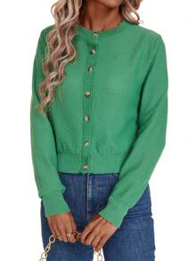 SHEIN LUNE Short Solid Color Buttoned Front Casual Knitted Long Sleeve Cardigan Fall Cloth For Women - Green - View 4