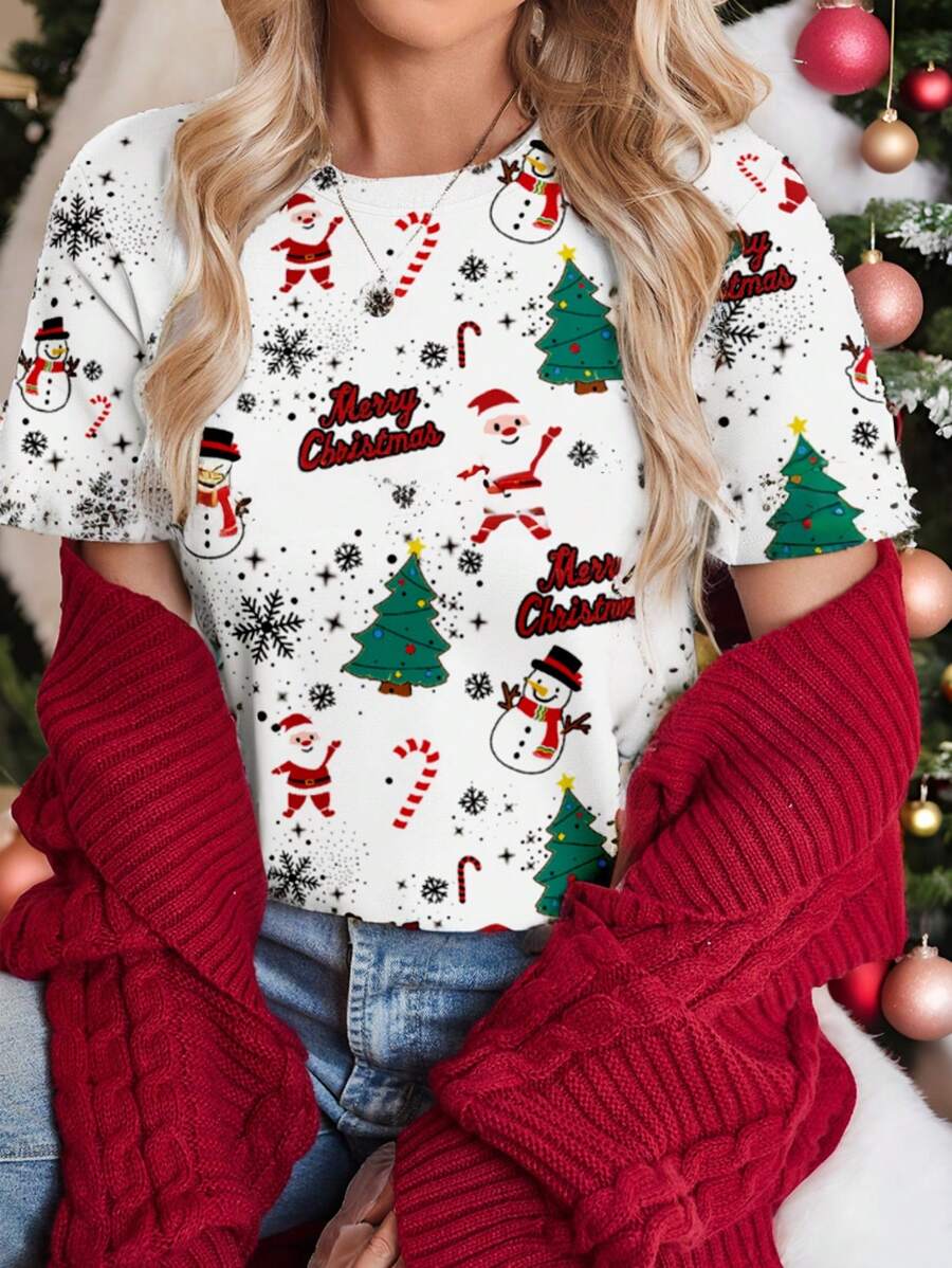 SHEIN LUNE Áo thun nữ tay ngắn cổ tròn phong cách tối giản, giản dị, họa tiết Giáng sinh vui vẻ, áo phông Giáng sinh - trắng - Xem 1
