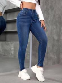 SHEIN EZwear Women's Front Button Pocket Simple Denim Jeans, Casual Daily Wear