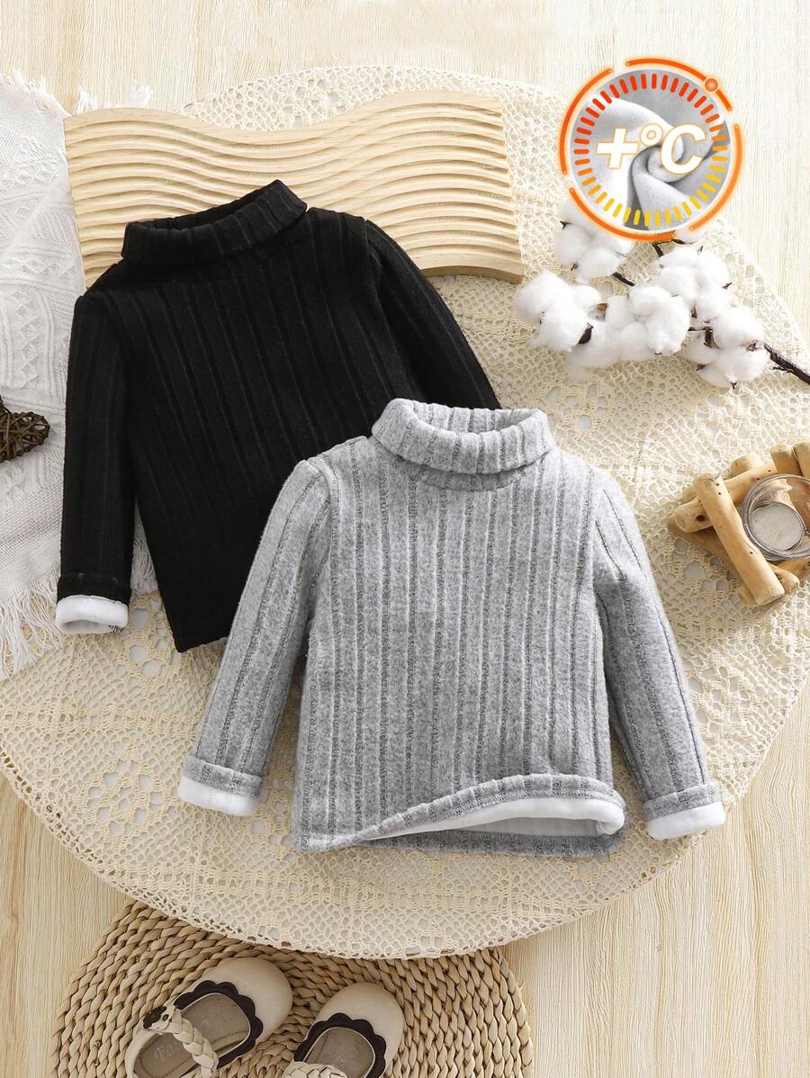 女婴 2 件/套 性别中性百搭高领保暖衬里长袖毛衣针织衫和纯色套头衫，黑色和灰色