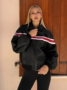 SHEIN EZwear Veste casual à manches longues avec fermeture éclair avant et poches, en blocs de couleurs, pour l'automne/hiver, nouveauté pour femmes