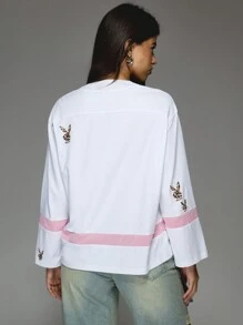 Missguided x Playboy 豹纹印花徽标针织 V 领 T 恤网眼细节长袖休闲基本款街头服饰上衣家居服秋冬款 - 彩色 - 查看 2