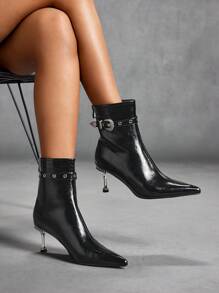 CUCCOO SZL Pointed Toe Silver High Heel Studded Gender Neutral Women's Stylish Ankle Boots And Mid-Calf Boots - Black - View 1