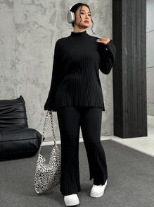 SHEIN EZwear Plus Size Solid Color Stand Collar Long Sleeve Casual Top And Pants 2 Pieces Set