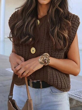 Cévolie 女士纯色前扣无袖开衫、无袖上衣