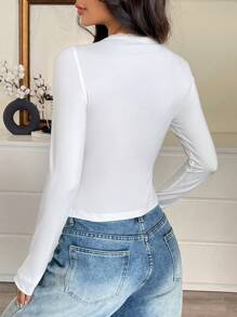 Muchica 女式纯色长袖褶皱开叉下摆蕾丝边修身 T 恤，秋季 - 白色 - 查看 2