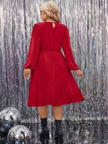 SHEIN LUNE Plus Size Women Solid Color Round Neck Long Sleeve Waist Ruched Midi Dress For Christmas For New Year Clothes - Red - View 2