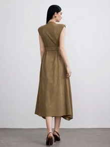 Modelyn 女士纯色正面系扣系带无袖连衣裙 - 卡其色 - 查看 5