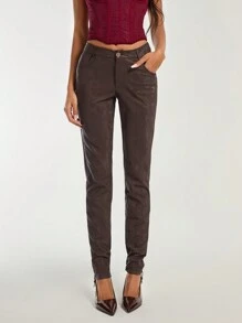 COSMINA Pantalones casuales de mujer de unicolor con bolsillo y botones delanteros