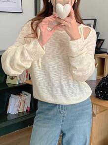 DAZY Women Side Split Tie-Up Solid Color Casual Long Sleeve Sweater,Fall Women Clothes - White - View 3