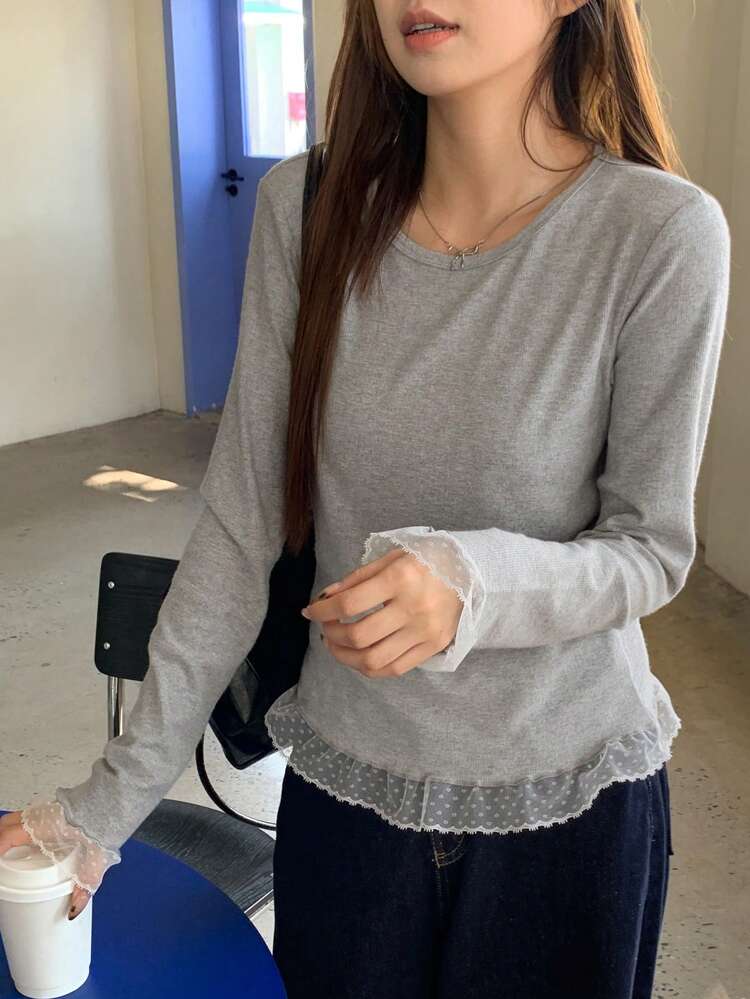 Women Lace Patchwork T-Shirt, Grey Knit Crew Neck Casual Slim Fit Tops, Autumn New Collection Long Sleeve Women Tops,Fall Women Clothes
