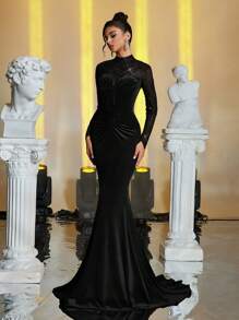 Glamrae 优雅奢华亮片撞色天鹅绒美人鱼下摆紧身连衣裙，带拖尾，适合婚礼、派对、舞会、正式活动、婚礼宾客礼服、派对礼服、晚礼服、长袍 - 黑色 - 查看 4