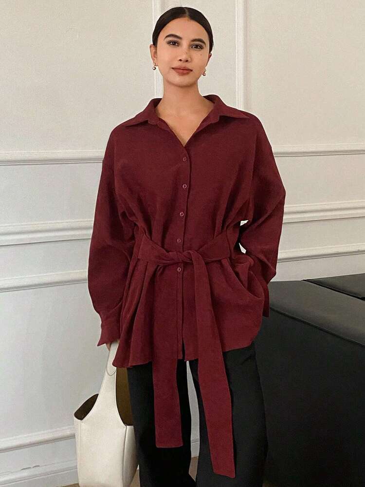 Loose Fit Long Sleeve Women's Solid Color Tie-Front Blouse,Fall Women Clothes