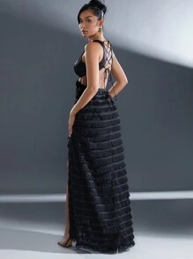 Hauture Sleeveless Satin Fringe Maxi Christmas Formal Dresses For Women With Lace Up Back And Side Slit