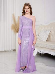 SHEIN 少女紫色单肩长袖亮片不对称高腰闪光修身长裙，适合生日派对、化妆舞会、派对、节日庆典、婚礼花童、舞台表演感恩节礼服、万圣节礼服、圣诞节礼服。返校节礼服 - 紫色 - 查看 5