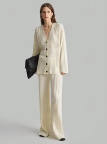 Ontre 2 件套女式撞色纽扣设计法式长袖毛衣上衣，简约风格，适合休闲户外、度假， - 白色 - 查看 3