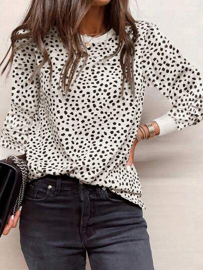 Calvaya 1 pieza Camiseta casual de mujer con cuello redondo y manga larga con estampado total, camisetas gráficas de otoño para mujeres como parte superior de conjunto de primavera