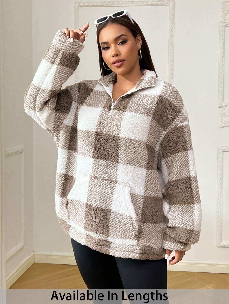 SHEIN PETITE CURVE Áo nỉ Teddy vai trễ nửa khóa kéo họa tiết kẻ caro Buffalo - Nhiều màu - Xem 1