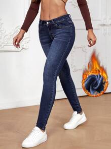 SHEIN Essnce 女式简约休闲纽扣前口袋牛仔裤 - 藍色 - 查看 1