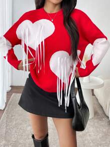 SHEIN Unity Loose Fit Contrast Color Heart Embellished Pullover Sweater For Autumn/Winter, Cozy & Casual For New Year Knit Pullover Fall - Red - View 7
