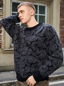 Manfinity Hypemode Men's All-Over Print Crew Neck Casual Long Sleeve Pullover Sweater, For Going Out, Couple Matching - Dark Grey - View 7