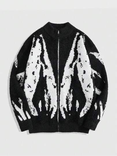 Street Life Men's Casual Zip-Up Cardigan With Contrast Color Pattern, Autumn/Winter