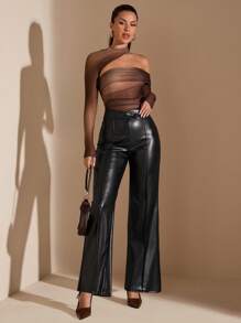 SHEIN BAE Women's Asymmetric Tie-Dye Long Sleeve Tight Fitted Mesh Ruched Bodysuit, Autumn/Winter - Coffee Brown - View 4