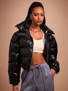 COSMINA 女士休闲纯色短款棉衣，冬季 - 黑色 - 查看 1