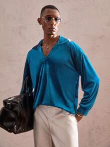 AKNOTIC Party 男士宽松版型宽松领口半襟长袖休闲 Polo 衫，适合秋季