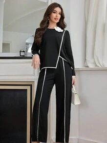 Modelyn Bộ 2 món áo và quần họa tiết hoa 3D tương phản dành cho nữ, thiết kế tối giản, 2 món - Đen và trắng - Xem 7