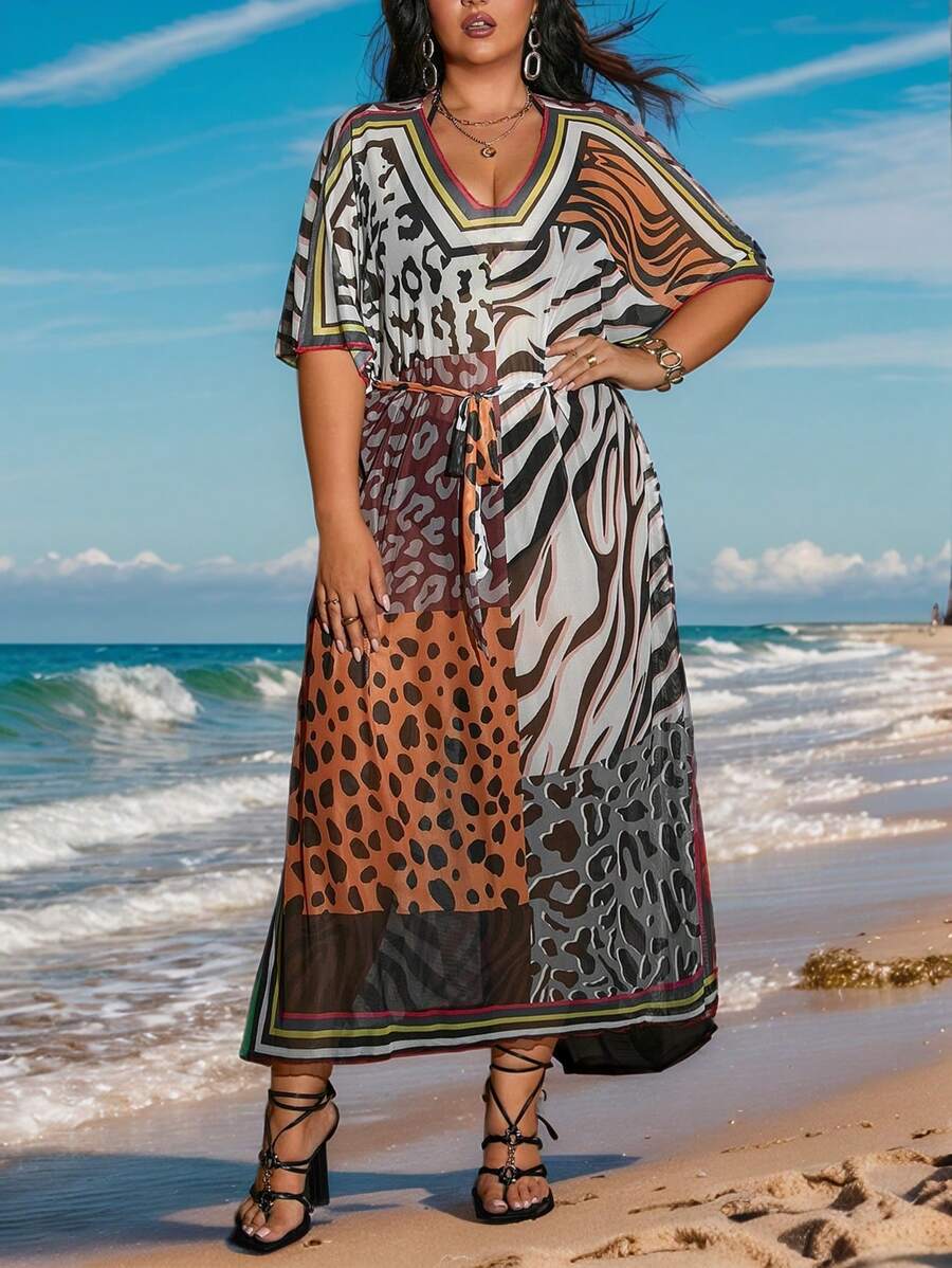 Swim Lushoire 1pc Plus Size Women Animal Print Belted Shawl Tunic Summer - Multicolor - View 1