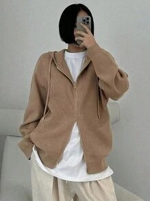 DAZY Women's Solid Color Hooded Loose Knitted Cardigan,Fall Women Clothes - Khaki - View 5