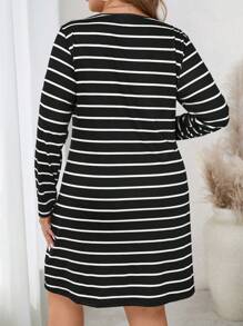 SHEIN LUNE Vestido de punto casual midi de cuello en V a rayas negro y blanco de estilo elegante para mujer talla grande, atuendo de fiesta de vacaciones de otoño/invierno