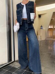 Livesso Women's Casual Denim Vest And Wide Leg Jeans Set - Dark Wash - View 8