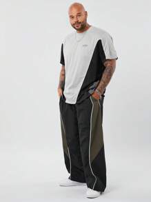 Manfinity VCAY Plus Size Men's Casual Woven Patchwork Mid-Waist Drawstring Straight Leg Pants - Brown - View 3