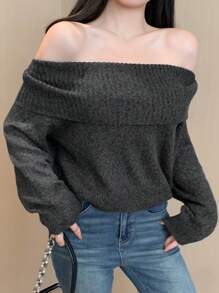 DAZY Women Solid Color Off Shoulder Sweater, Casual Long Sleeve Pullover For Autumn/Winter Crop Women Tops - Grey - View 2