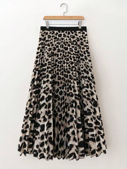Franclia Leopard Print Pleated A-Line Casual Versatile Skirt Maxi Fall Cloth For Women