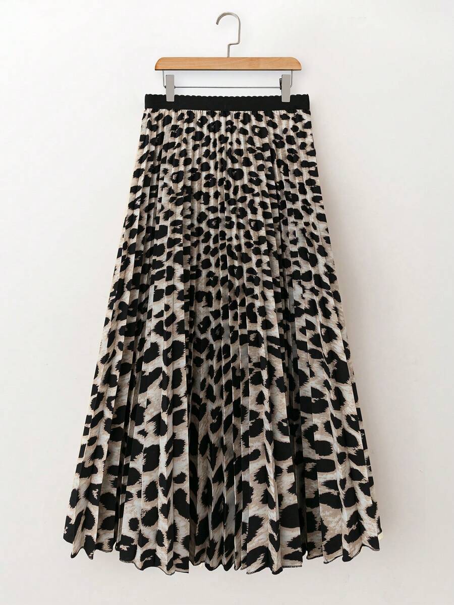 Franclia Leopard Print Pleated A-Line Casual Versatile Mini Skirt Maxi Women Outfit
