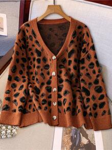 SHEIN LUNE Plus Size Leopard Pattern V-Neck Button Up Long Sleeve Cardigan, For Winter