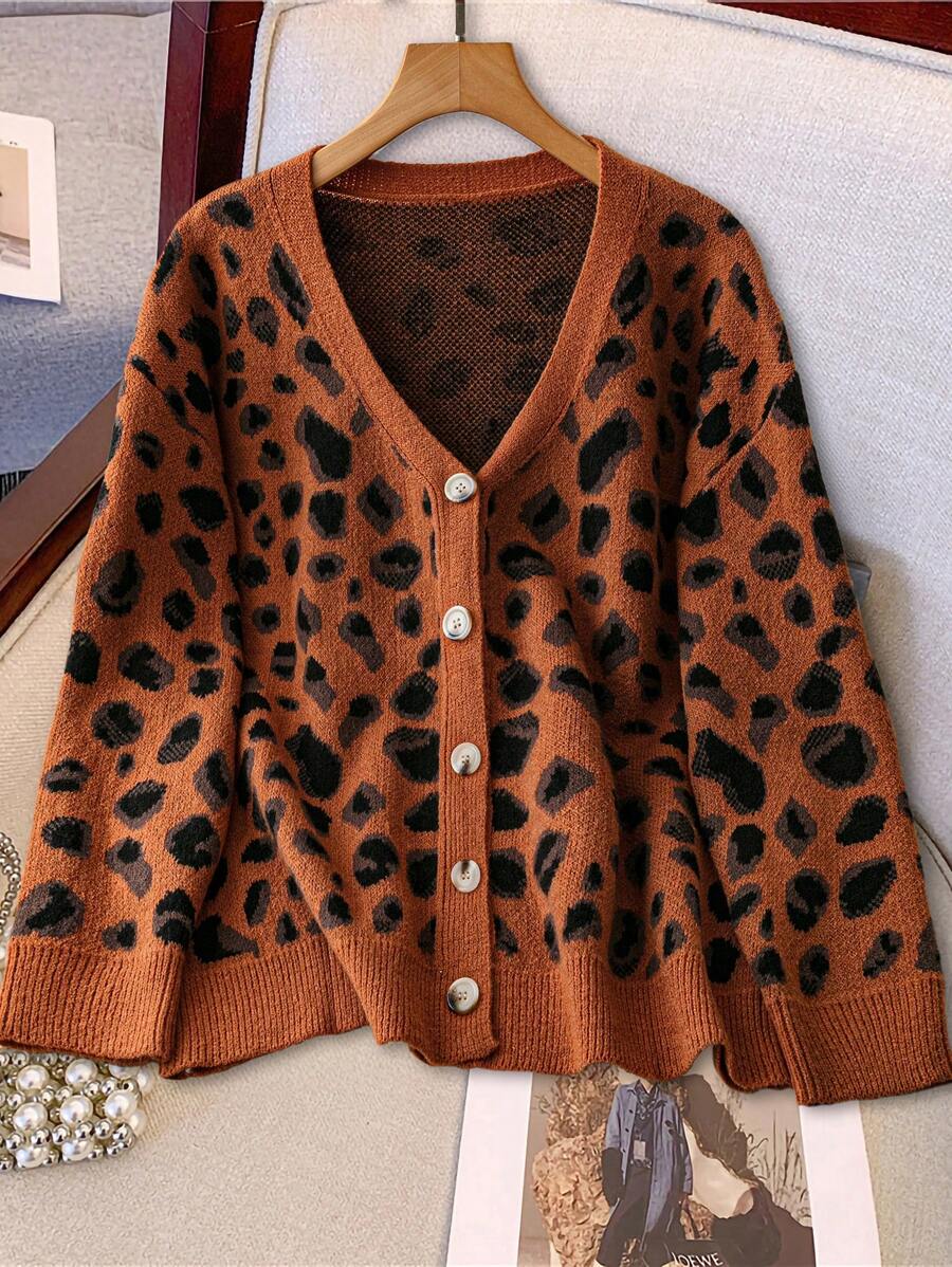 SHEIN LUNE Plus Size Leopard Pattern V-Neck Button Up Long Sleeve Cardigan, For Winter