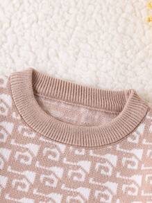 2pcs Baby Girls Sweater Co-Ords Set,Dusty Pink Knitted Houndstooth Round Neck Long Sleeve Pullover&Wide Leg Pants,Cute Autumn Outfit Matching Family - Multicolor - View 6